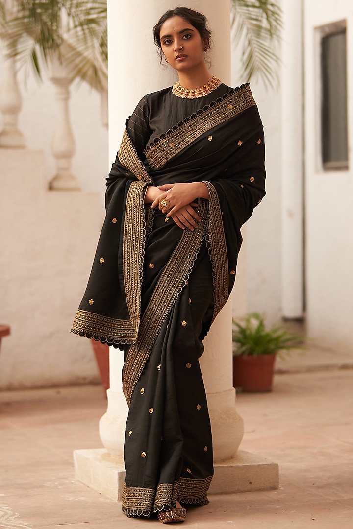 Black Chiniya Silk Boota Embroidered Saree Set by Label Earthen