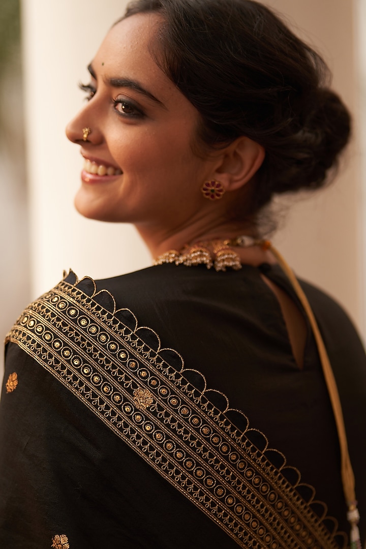 Black Chiniya Silk Boota Embroidered Wedding Saree Set by Label Earthen at Pernia's Pop Up Shop