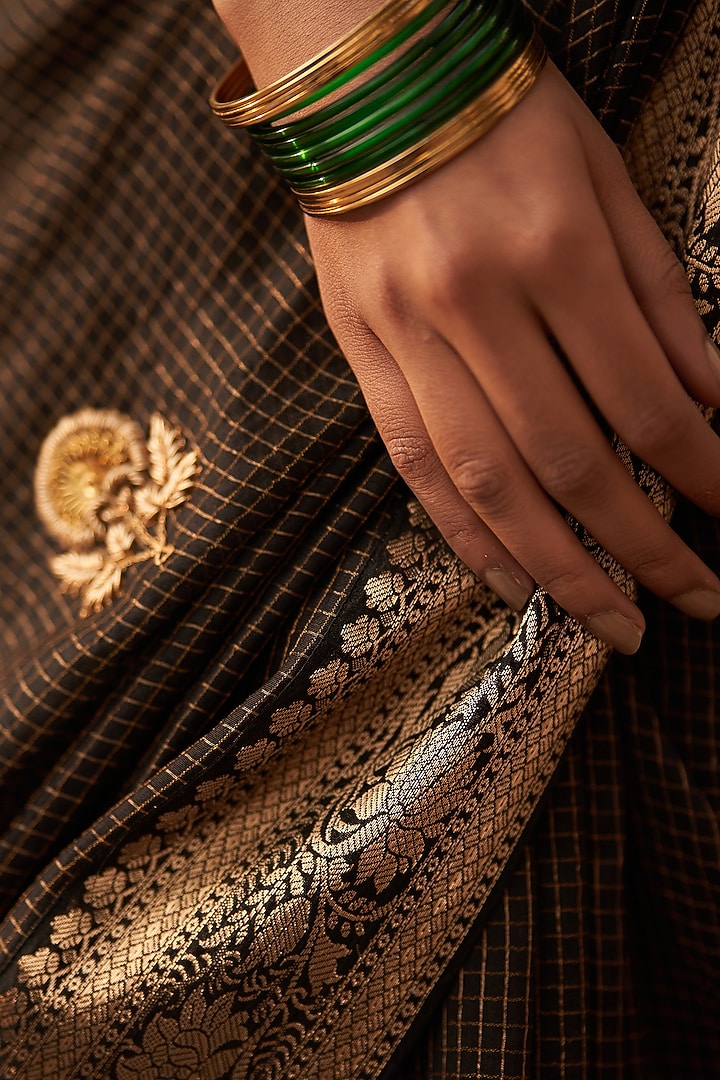 Black Organza Tissue Silk Zari Checkered Wedding Saree Set by Label Earthen at Pernia's Pop Up Shop