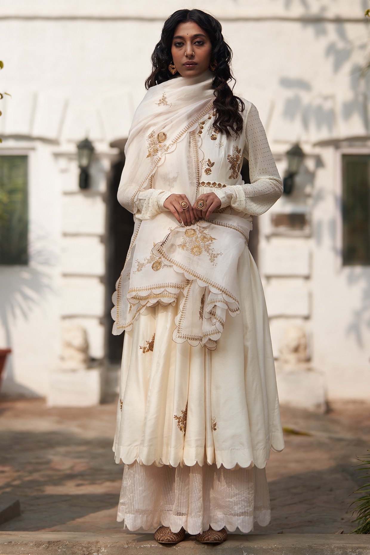 Pakistani Off White heavy jewel work Organza 3pcs fancy Sharara Dress,L |  eBay