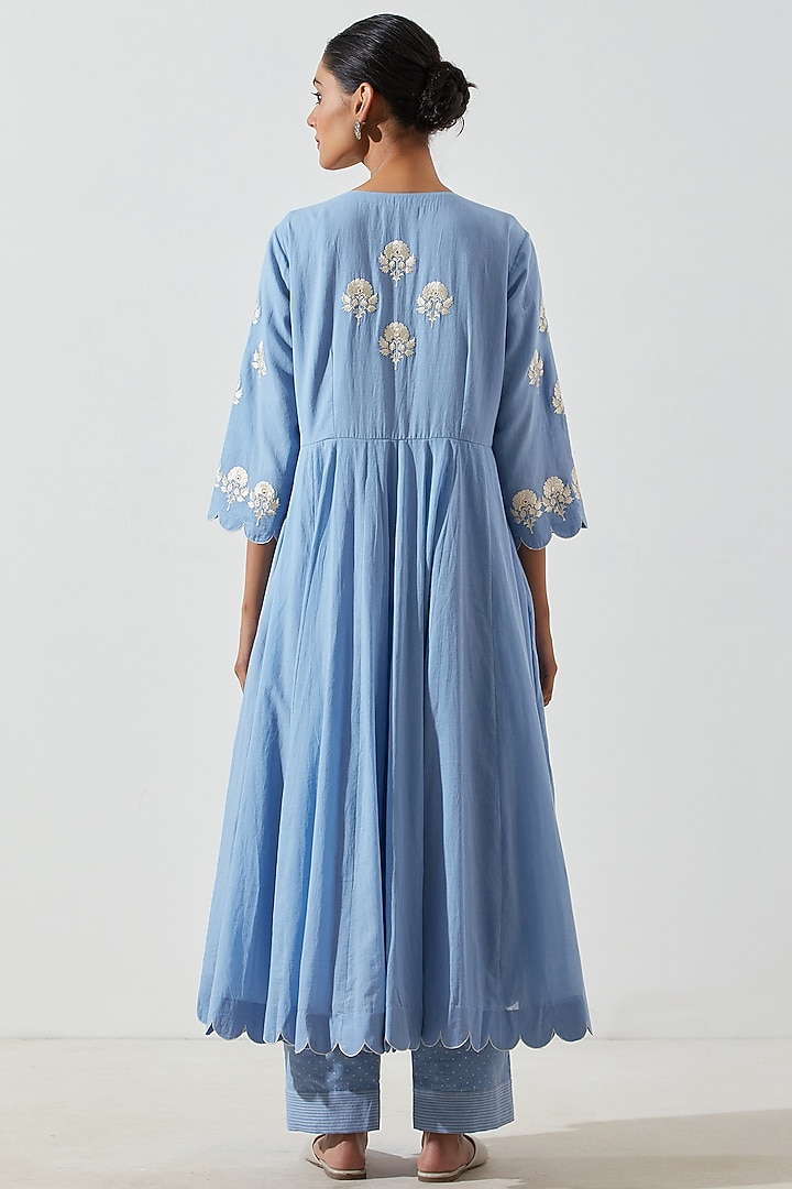 Powder Sky Blue & Ivory Mirror Embroidered Kurta Set by Label Earthen Pret at Pernia's Pop Up Shop