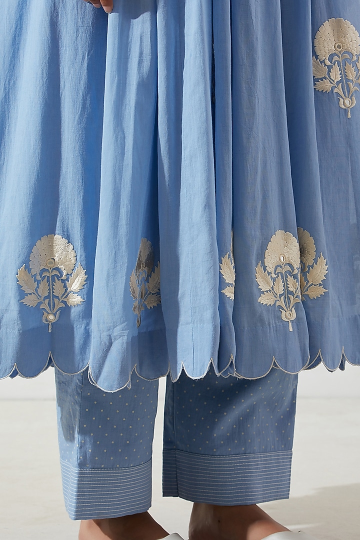 Powder Sky Blue & Ivory Mirror Embroidered Kurta Set by Label Earthen Pret at Pernia's Pop Up Shop