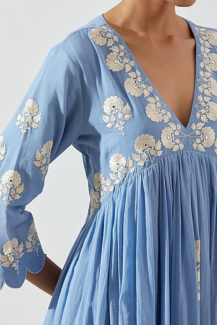 Powder Sky Blue & Ivory Mirror Embroidered Kurta Set by Label Earthen Pret at Pernia's Pop Up Shop
