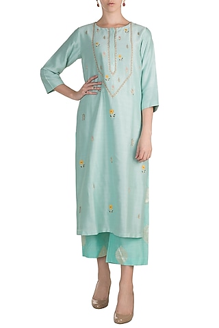 Sky Blue Embroidered Kurta With Palazzo Pants by Label Earthen