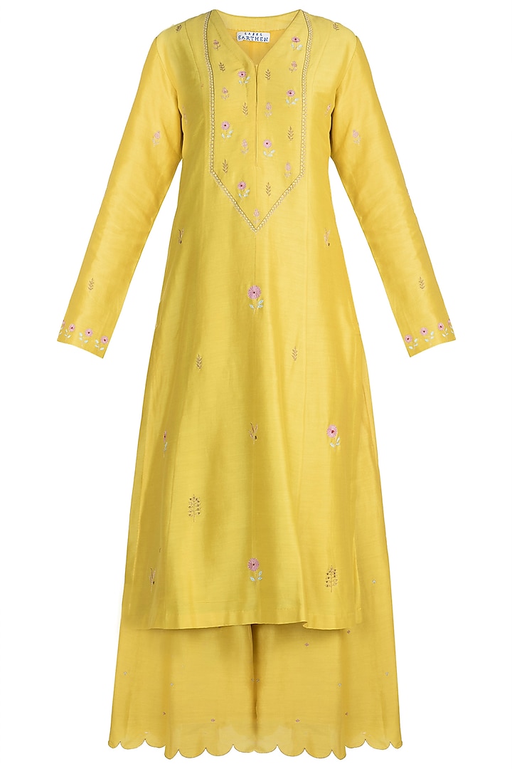 Yellow Embroidered Kurta With Pants by Label Earthen