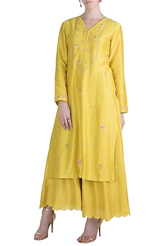 Yellow Embroidered Kurta With Pants by Label Earthen