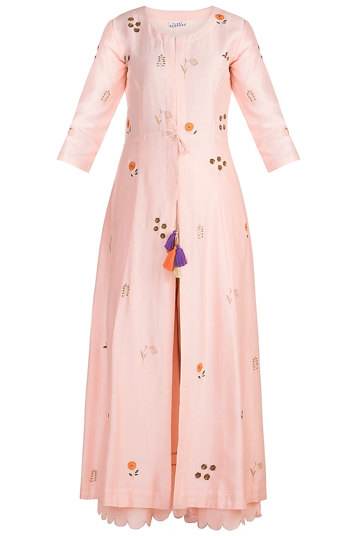 Peach Embroidered Jacket Dress With Palazzo Pants by Label Earthen