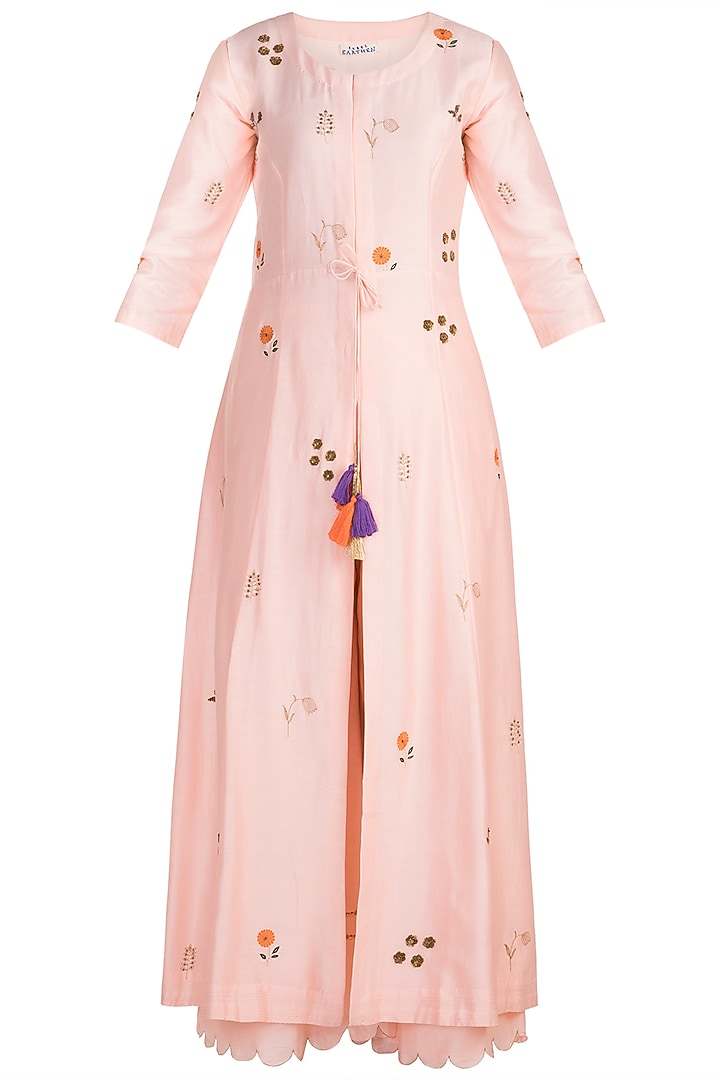 Peach Embroidered Jacket Dress With Palazzo Pants by Label Earthen at Pernia's Pop Up Shop