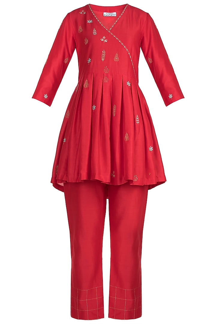 Red Zardosi Embroidered Kurta With Pants by Label Earthen