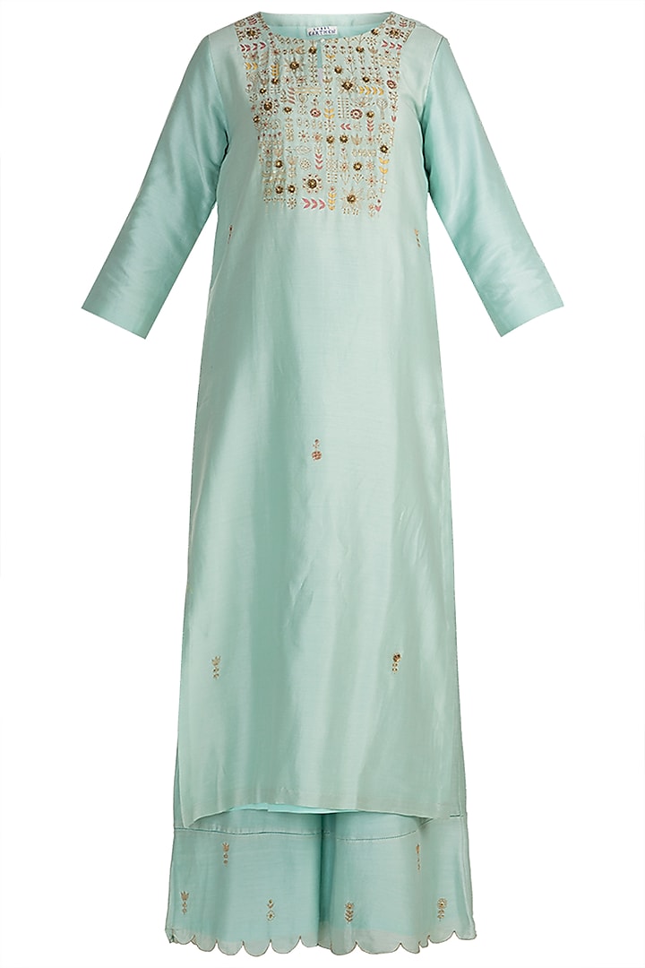 Sky Blue Hand Embroidered Kurta With Palazzo Pants by Label Earthen