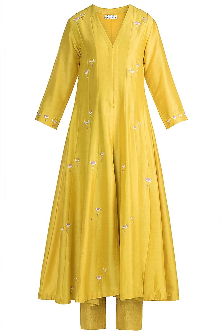 Yellow Embroidered Anarkali Kurta With Pants by Label Earthen