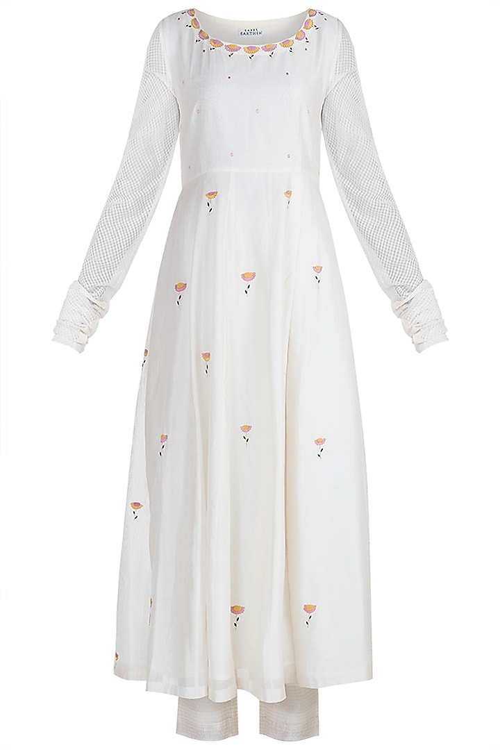 White Embroidred Kalidar Kurta With Palazzo Pants by Label Earthen