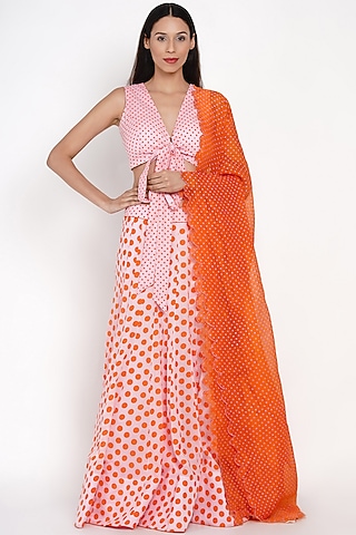 Pink & Orange Printed Lehenga Set by Label Earthen