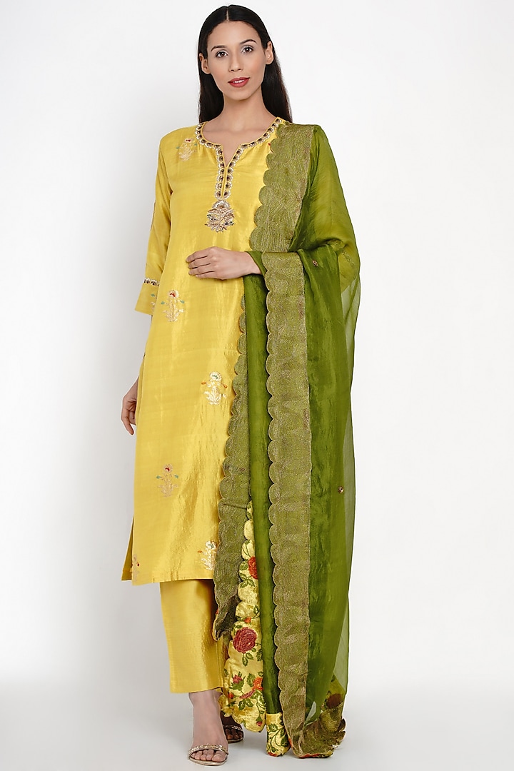Yellow Embroidered Sharara Set by Label Earthen