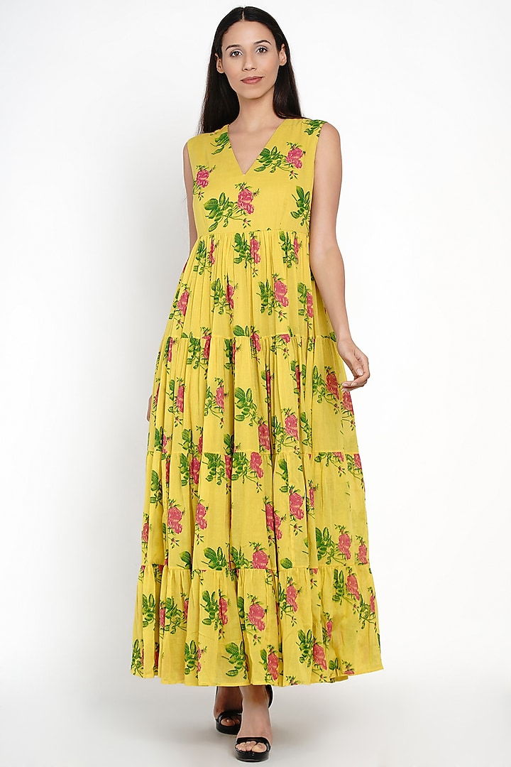 Yellow Printed Tiered Dress by Label Earthen
