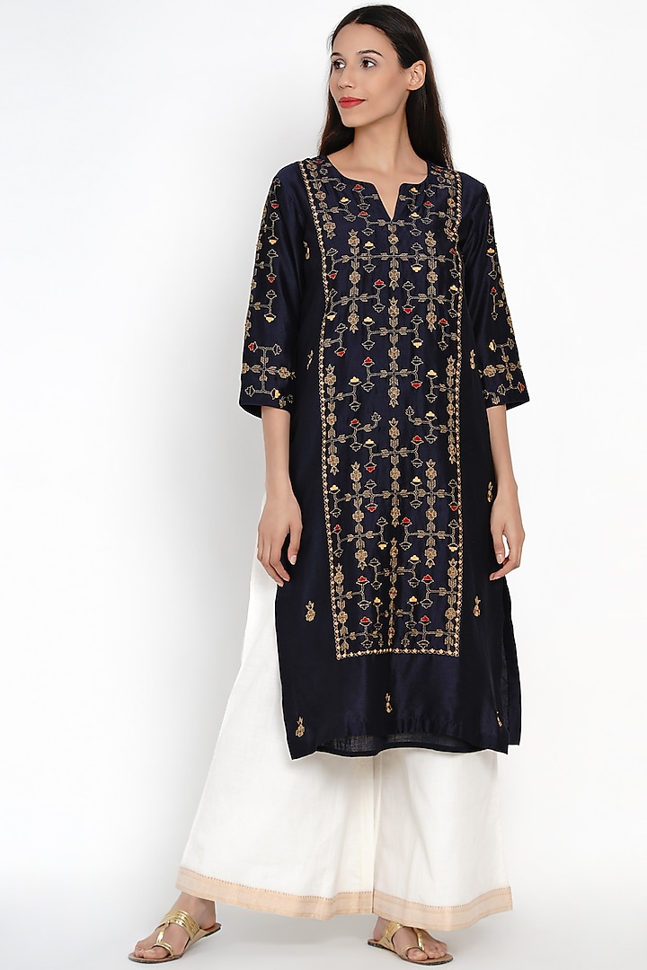 Navy Blue Embroidered Kurta With Pants by Label Earthen