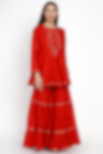 Red Embroidered Sharara Set by Label Earthen