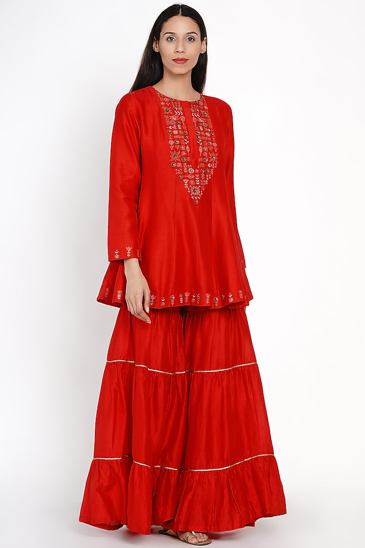 Red Embroidered Sharara Set by Label Earthen