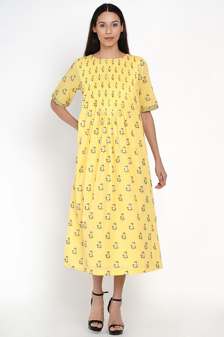 Yellow Pleated Cotton Dress by Label Earthen
