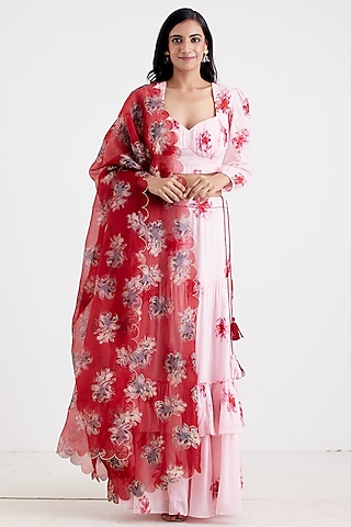 Baby Pink Printed Lehenga Set by Label Earthen