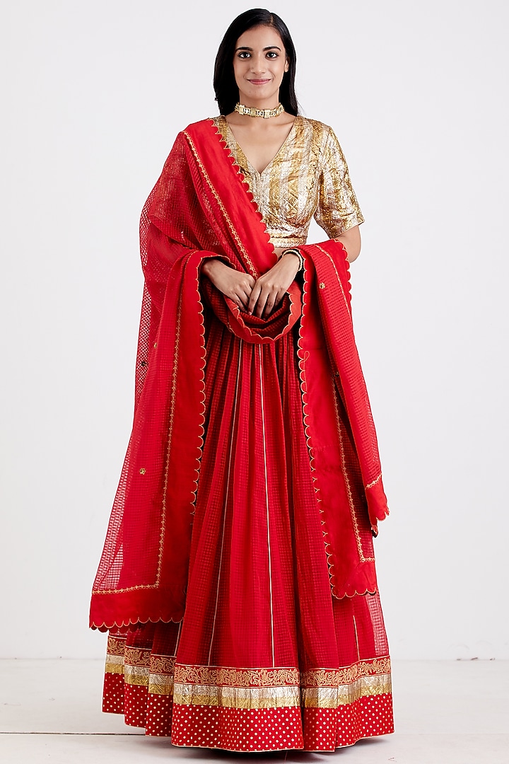 Cadmium Red Foil Embroidered Lehenga Set by Label Earthen
