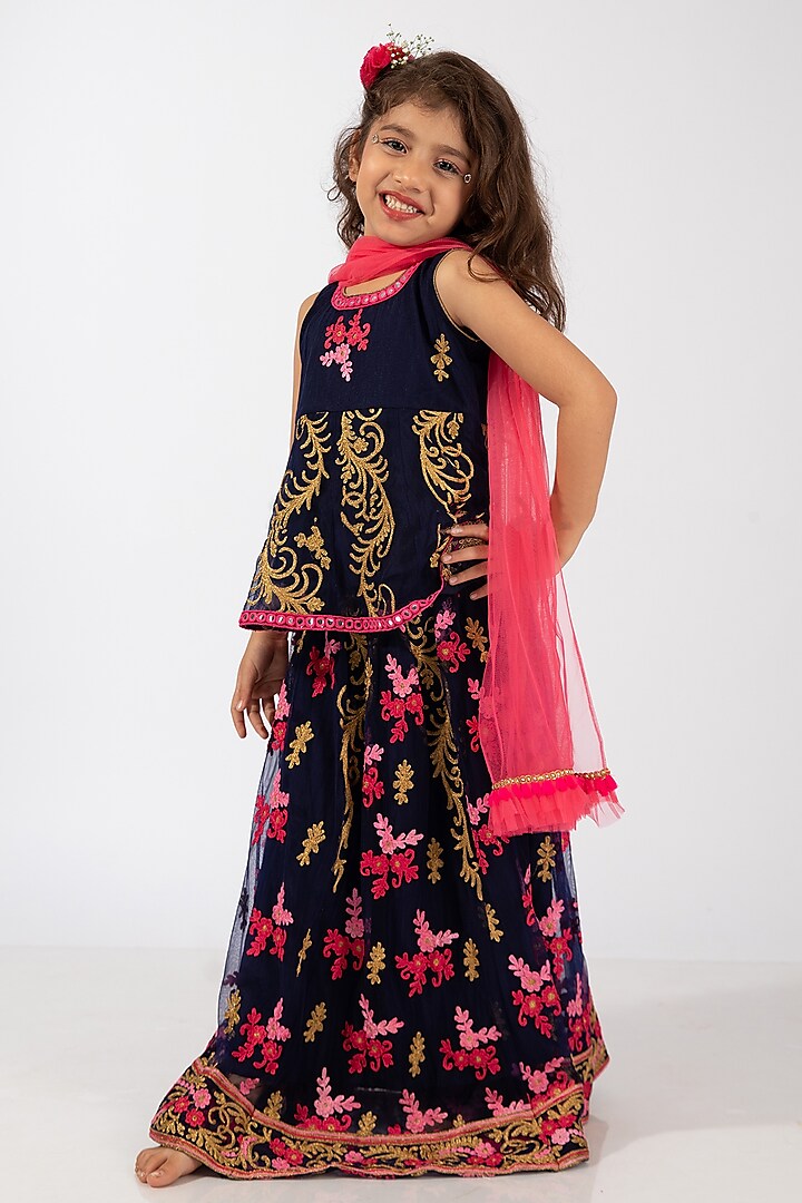 Navy Blue Polyester Embroidered Lehenga Set For Girls by Elaisha at Pernia's Pop Up Shop