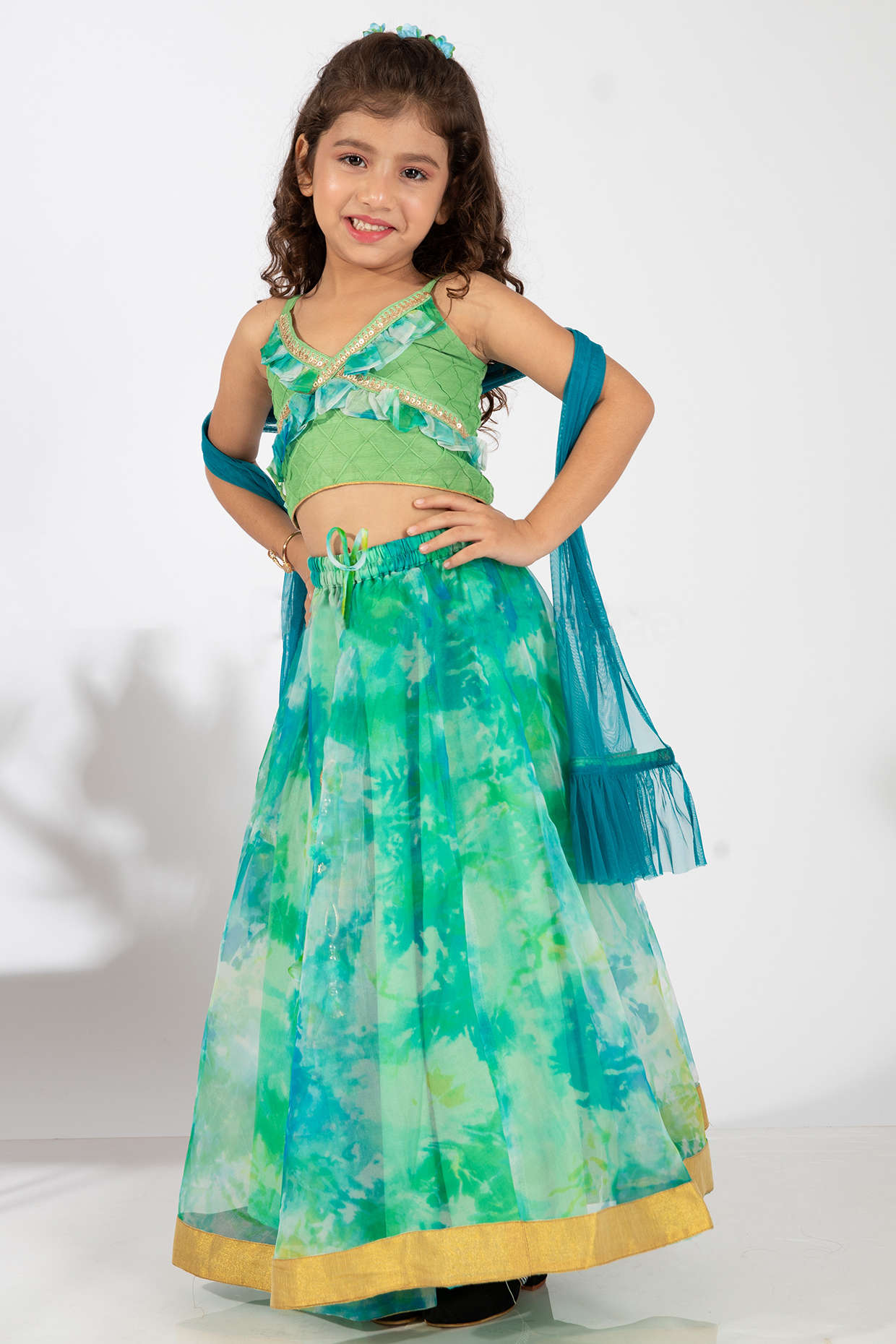 Sea Green & Lime Green Polyester Skirt Set For Girls by Elaisha at Pernia's Pop Up Shop