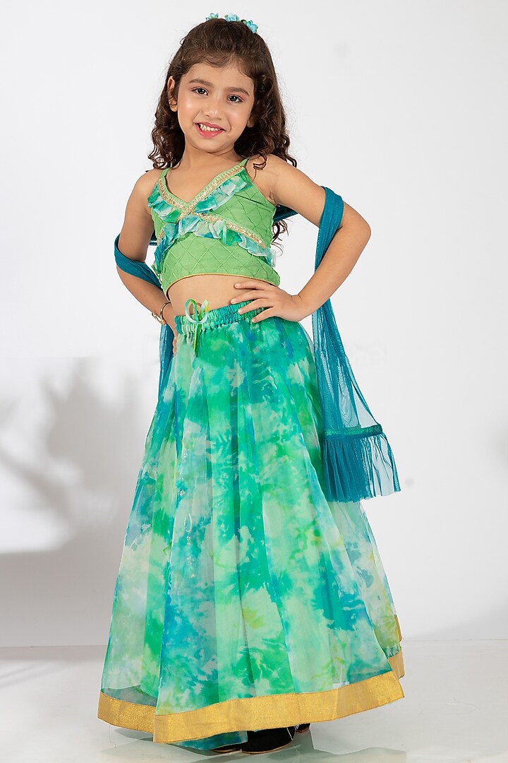 Sea Green & Lime Green Polyester Skirt Set For Girls by Elaisha at Pernia's Pop Up Shop