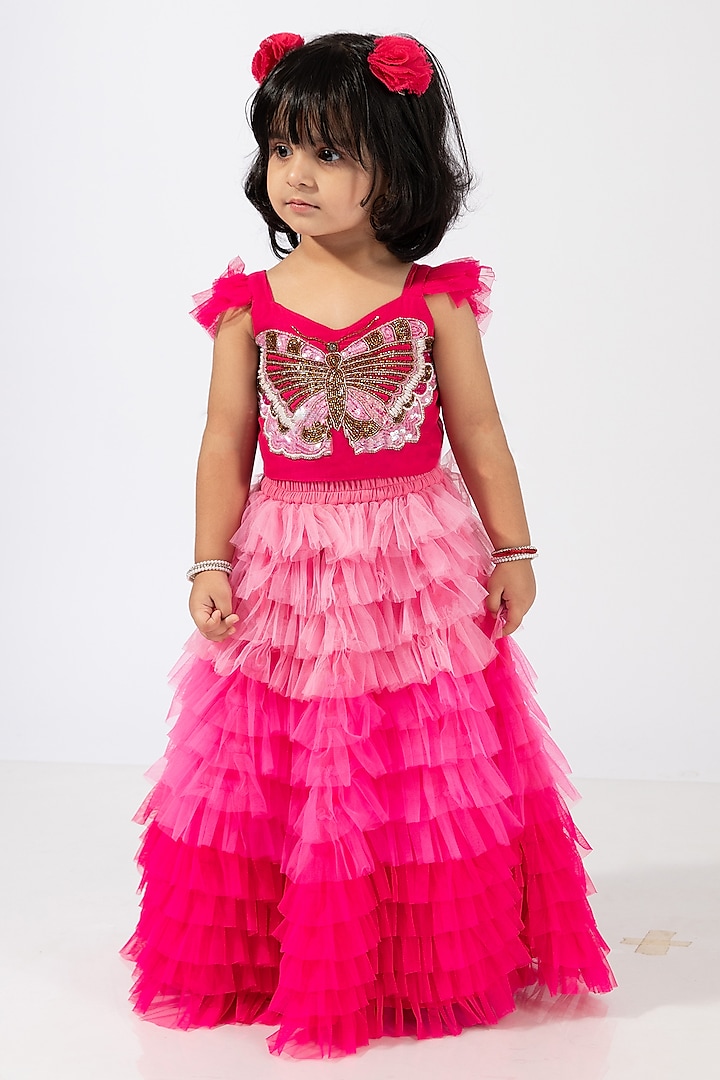 Pink & Baby Pink Net Tiered Skirt Set For Girls by Elaisha at Pernia's Pop Up Shop