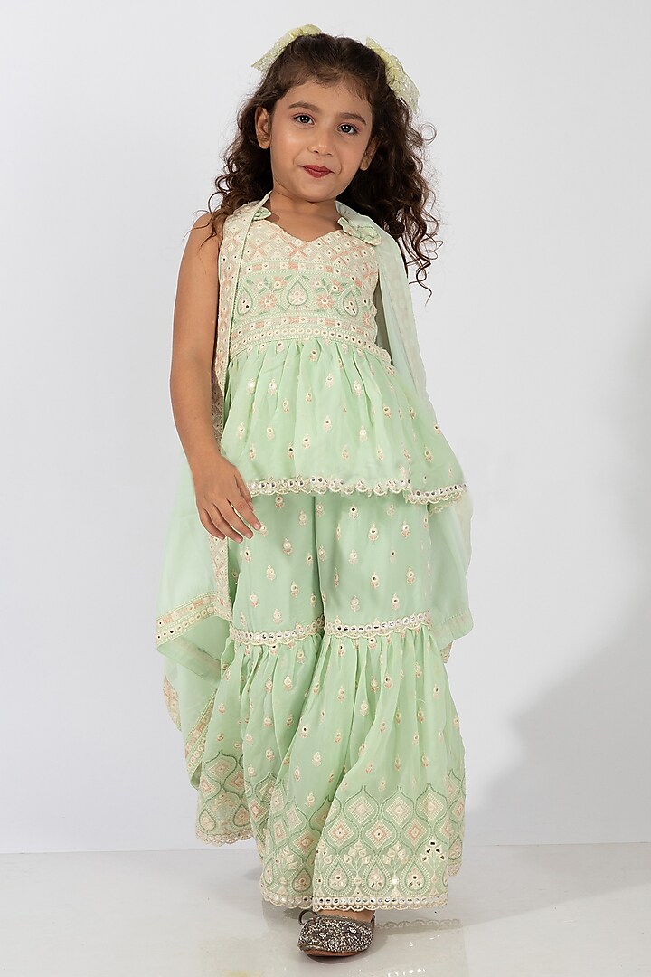 Pastel Green Polyester Embroidered Sharara Set For Girls by Elaisha