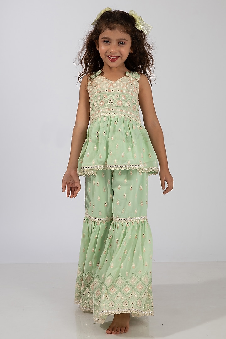 Pastel Green Polyester Embroidered Sharara Set For Girls by Elaisha at Pernia's Pop Up Shop