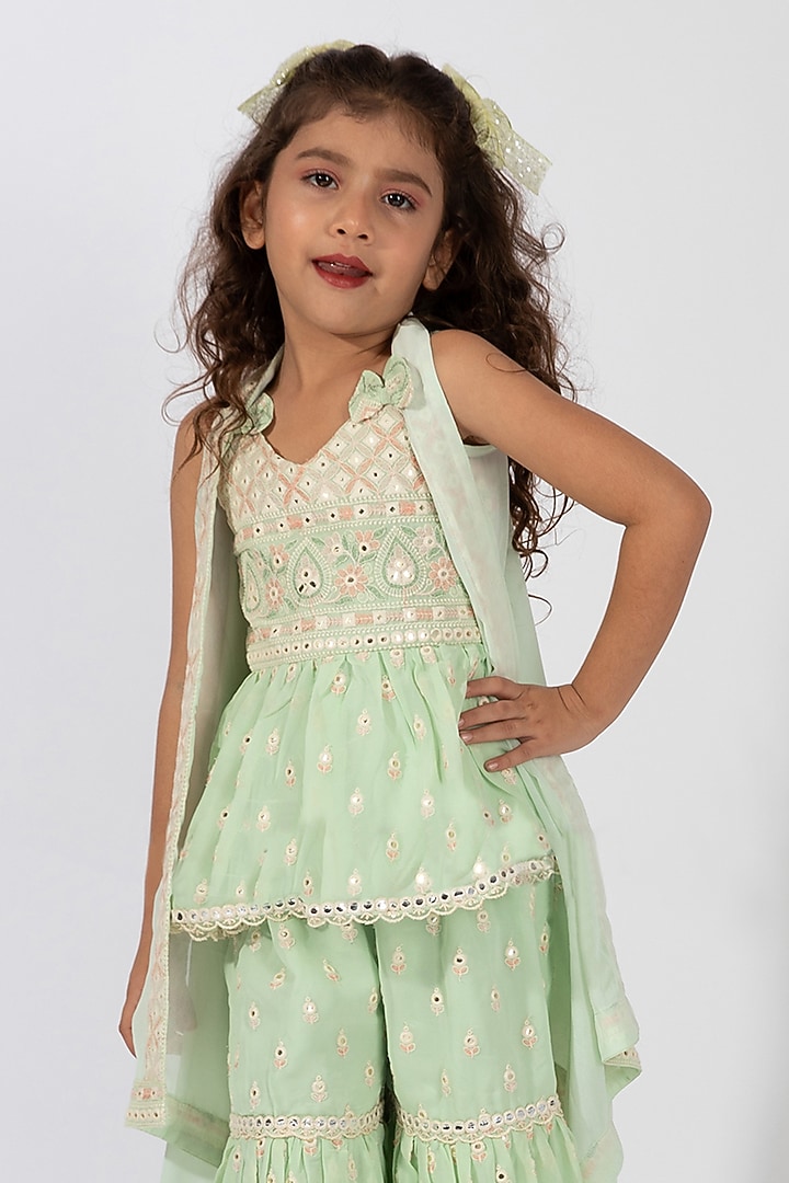 Pastel Green Polyester Embroidered Sharara Set For Girls by Elaisha at Pernia's Pop Up Shop
