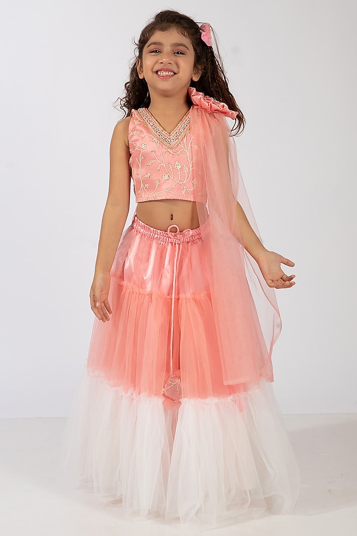 Peach & Off-White Net Layered Skirt For Girls by Elaisha