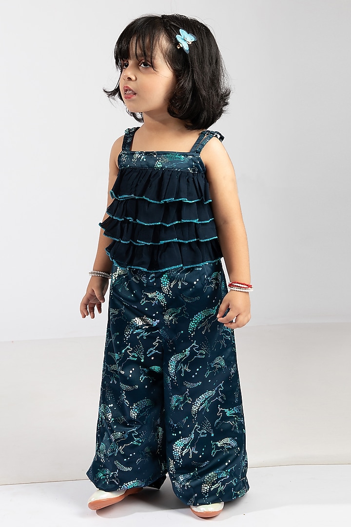 Navy Blue Polyester Unicorn Printed Jumpsuit For Girls by Elaisha at Pernia's Pop Up Shop