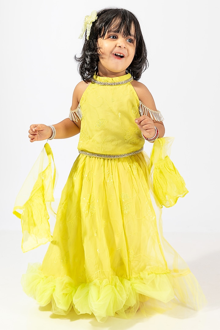 Lemon Yellow Polyester Ruffled Layered Skirt Set For Girls by Elaisha at Pernia's Pop Up Shop