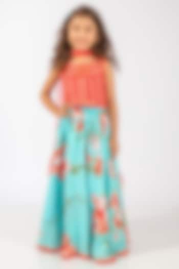 Turquoise Polyester Floral Printed Skirt Set For Girls by Elaisha at Pernia's Pop Up Shop