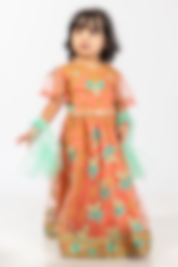 Peach & Sea Green Polyester Embroidered Lehenga Set For Girls by Elaisha at Pernia's Pop Up Shop