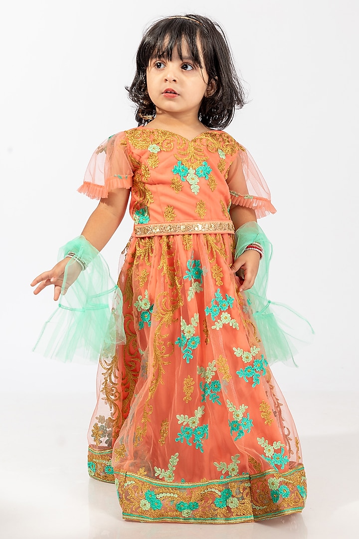 Peach & Sea Green Polyester Embroidered Lehenga Set For Girls by Elaisha at Pernia's Pop Up Shop