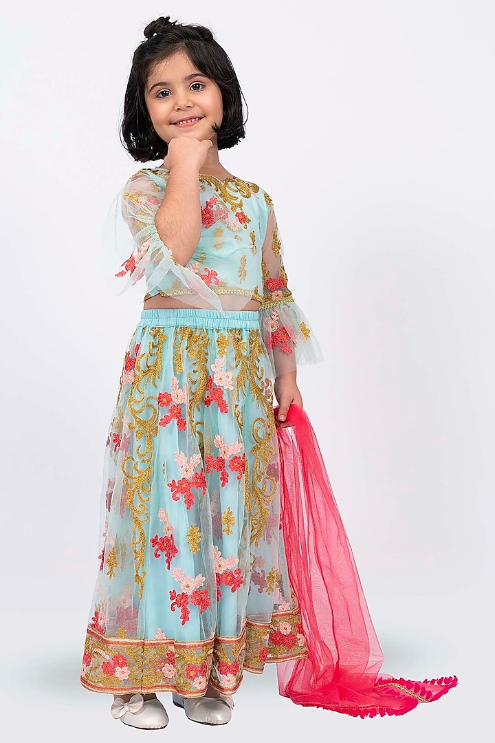 Sea Green & Pink Polyester Floral Motif Embroidered Lehenga Set For Girls by Elaisha at Pernia's Pop Up Shop