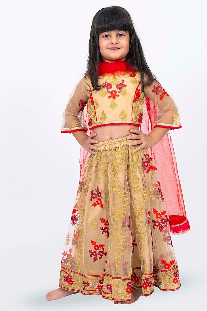 Beige Polyester Floral Motif Embroidered Lehenga Set For Girls by Elaisha at Pernia's Pop Up Shop