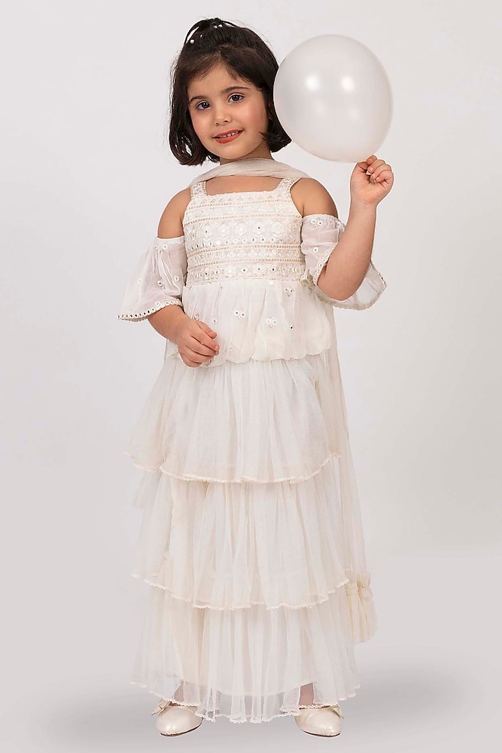 Off-White Polyester Tiered Ruffled Skirt Set For Girls by Elaisha at Pernia's Pop Up Shop