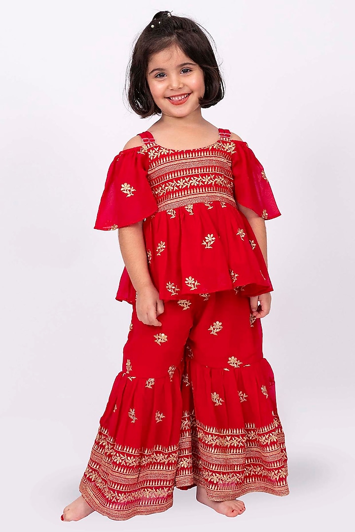 Red Polyester Embroidered Sharara Set For Girls by Elaisha at Pernia's Pop Up Shop