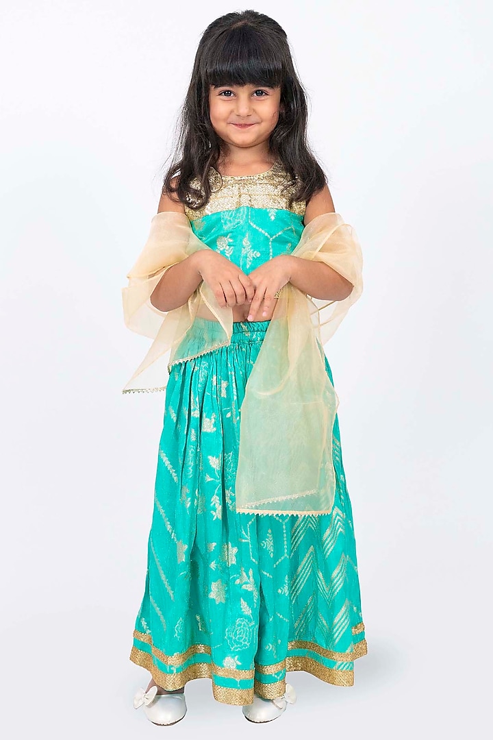 Sea Green Polyester Sequins Embellished Skirt Set For Girls by Elaisha at Pernia's Pop Up Shop