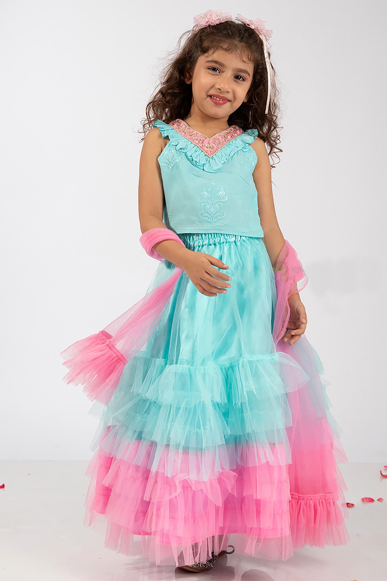 Light Blue Pink Net Layered Skirt Set For Girls by Elaisha at Pernia s Pop Up Shop 2024