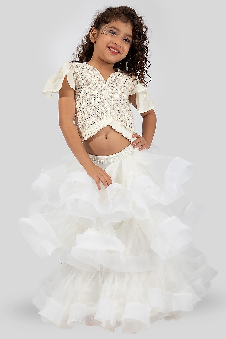 Off White Net Layered Skirt Set For Girls by Elaisha at Pernia's Pop Up Shop