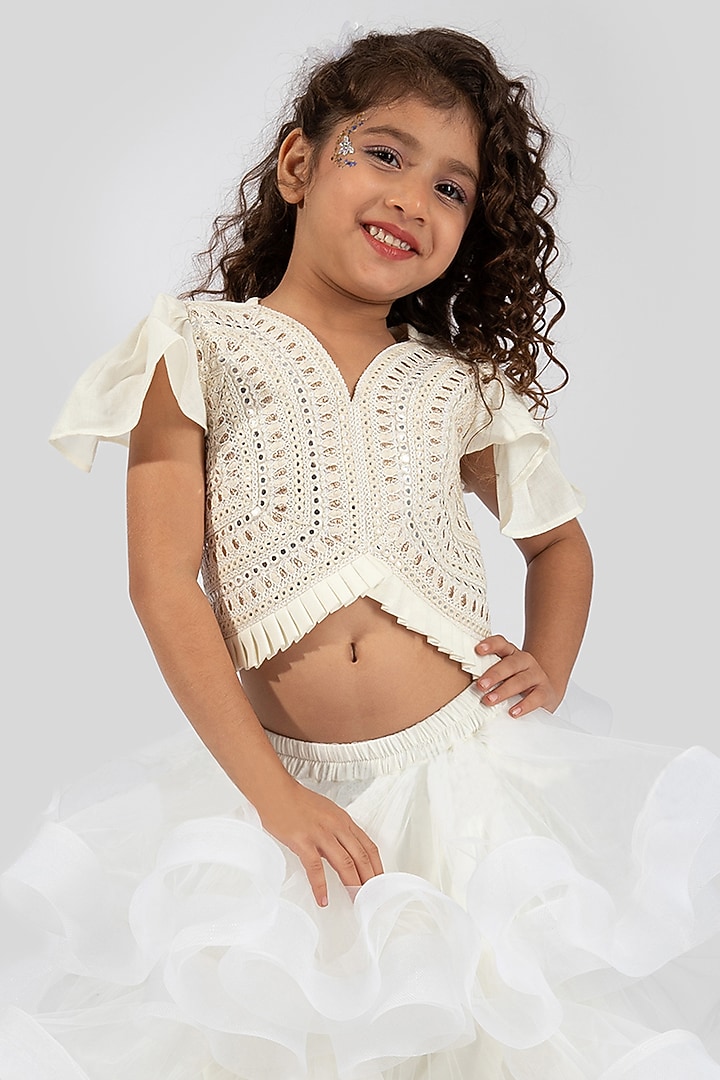 Off White Net Layered Skirt Set For Girls by Elaisha at Pernia's