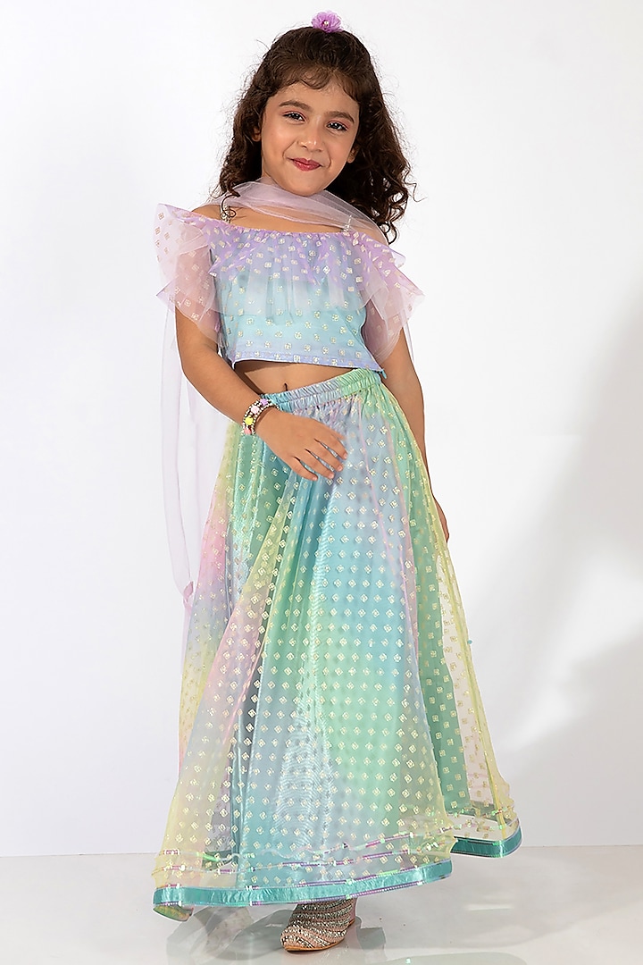 Light Blue & Mauve Net Printed Skirt Set For Girls by Elaisha at Pernia's Pop Up Shop