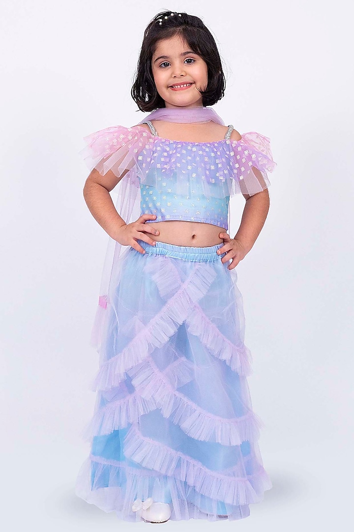 Light Blue & Mauve Polyester Ruffled Layered Skirt Set For Girls by Elaisha at Pernia's Pop Up Shop