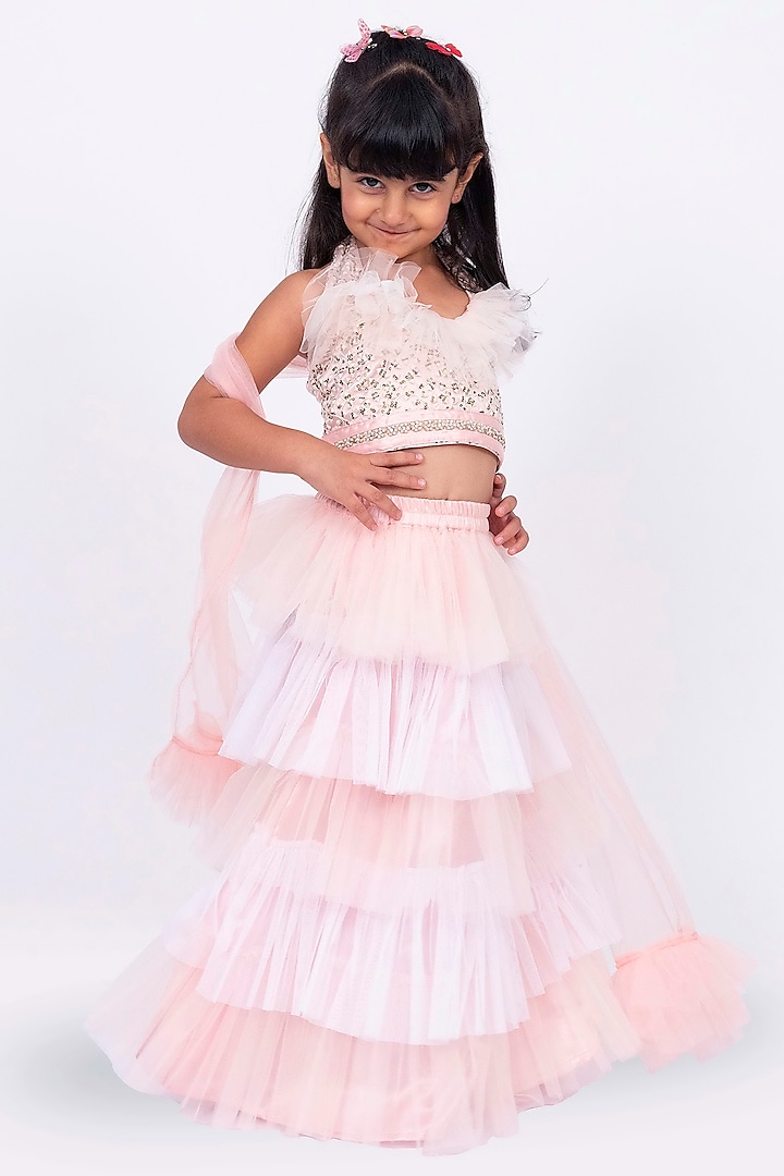 Baby Pink & Off White Net Layered Skirt Set For Girls by Elaisha at Pernia's Pop Up Shop