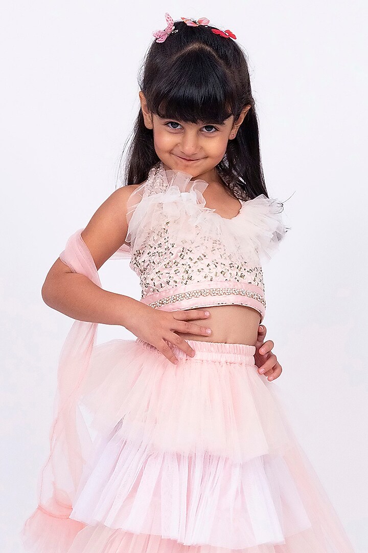 Baby Pink Off White Net Layered Skirt Set For Girls by Elaisha at  Pernia's Pop Up Shop